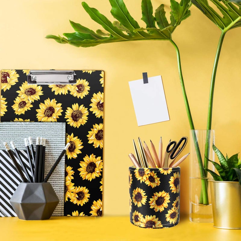 WAVEYU Pen Holder, Pencil Cup Desk for Women Girls, Luxury Makeup Brush Holder Large Pu Leather Multi-Functional Organizer Cup for Office, Classroom, Home, Sunflower - Image 5